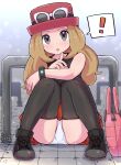  ! 1girl :o bag blonde_hair blush bracelet commentary_request eyelashes eyewear_on_headwear grey_eyes handbag hat highres jewelry kutabireta_neko long_hair looking_at_viewer open_mouth panties pink_bag pleated_skirt pokemon pokemon_xy red_headwear serena_(pokemon) shirt shoes sitting skirt sleeveless sleeveless_shirt solo spoken_exclamation_mark sunglasses thighhighs underwear white-framed_eyewear white_panties 