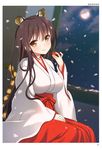  absurdres animal_ears artist_name bangs blush breasts brown_eyes brown_hair cup eyebrows_visible_through_hair hakama head_tilt highres holding japanese_clothes kimono long_hair looking_at_viewer medium_breasts miko moon nanase_meruchi night night_sky non-web_source original red_hakama sakazuki scan sitting sky smile solo tail tiger_ears tiger_tail toranoana wide_sleeves window 