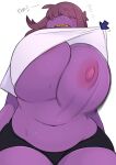 anthro big_breasts blush bodily_fluids bottomwear bouncing_breasts breasts brown_hair clothed clothing clothing_lift curvy_figure deltarune female freckles hair hair_over_eyes hi_res hotpants huge_breasts motion_lines nipples one_breast_out open_mouth purple_body purple_scales reptile scales scalie shirt shirt_lift shorts slightly_chubby solo susie_(deltarune) sweat sweatdrop teeth thick_thighs topwear underchikichan undertale_(series) voluptuous wide_hips yellow_teeth