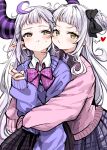  2girls absurdres alternate_costume bent_v black_bow black_bowtie blush bow bowtie cheek-to-cheek closed_mouth collared_shirt commentary_request cowboy_shot demon_horns grey_hair hair_bow half-closed_eyes heads_together heart highres hololive horns hug la+_darknesss long_hair long_sleeves looking_at_another looking_at_viewer multicolored_hair multiple_girls murasaki_shion nikumega pink_bow pink_bowtie pink_sweater pointy_ears purple_hair purple_horns purple_sweater school_uniform shirt simple_background sleeves_past_wrists standing streaked_hair striped_horns sweater very_long_hair virtual_youtuber white_background white_shirt yellow_eyes yuri 