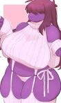 anthro big_breasts breasts brown_hair clothed clothing deltarune female freckles front_view garter_straps hair hair_over_eyes hi_res huge_breasts midriff overweight overweight_anthro overweight_female partially_clothed purple_body purple_scales reptile scales scalie solo susie_(deltarune) thick_thighs thong underchikichan undertale_(series) underwear virgin_destroyer_sweater