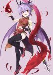  akisome_hatsuka alternate_costume bat_wings china_dress chinese_clothes dragon dress fang pelvic_curtain pointy_ears purple_hair red_eyes red_footwear remilia_scarlet short_hair smile spear_the_gungnir thighhighs touhou wings wrist_cuffs 