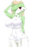  2014 alternate_version_available blush breasts clothed clothing domoipetti female gardevoir green_hair green_skin hair hair_over_eye hi_res humanoid looking_at_viewer nintendo open_mouth pok&eacute;mon red_eyes simple_background solo standing towel video_games water wet white_background white_skin 