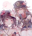  2girls bare_shoulders black_gloves black_hair black_headwear black_nails boo_tao_(genshin_impact) breasts brown_hair cleavage flower-shaped_pupils fox_mask genshin_impact ghost ghost_pose gloves hair_between_eyes hat highres honkai:_star_rail honkai_(series) hu_tao_(genshin_impact) jewelry kvlen long_hair looking_at_viewer mask multiple_girls multiple_rings open_mouth pink_eyes pink_nails red_eyes ring sidelocks simple_background single_glove smile sparkle_(honkai:_star_rail) symbol-shaped_pupils upper_body white_background 