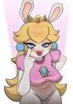  1girl animal_ears blonde_hair blue_eyes bottomless cosplay crown earrings highres jewelry long_hair mario_(series) mario_+_rabbids_kingdom_battle princess_peach princess_peach_(cosplay) rabbid rabbid_peach rabbit_ears rafaknight raving_rabbids taunting tongue tongue_out 