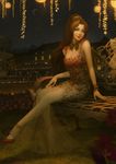  bench breasts brown_hair cleavage crescent_moon dress flower fountain grass green_eyes highres house ina_wong jewelry lantern long_hair looking_at_viewer medium_breasts moon nail_polish night outdoors paper_lantern red_footwear red_nails ring shoes signature sitting sky solo star_(sky) starry_moon starry_sky 