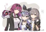  3girls arm_up arrow_(symbol) black_choker black_coat black_gloves black_jacket black_ribbon black_tank_top blue-tinted_eyewear blush blush_stickers border breasts cellphone choker closed_mouth coat collared_coat collared_jacket collared_shirt commentary crossed_bangs eyewear_on_head fingerless_gloves fur-trimmed_jacket fur_trim gloves goggles goggles_on_head grey_background grey_eyes grey_hair hair_between_eyes hair_ornament hair_ribbon hairpin hand_up hands_up heart highres holding holding_phone honkai:_star_rail honkai_(series) hood hooded_jacket jacket kafka_(honkai:_star_rail) long_hair long_sleeves medium_breasts multiple_girls open_clothes open_coat open_jacket orange_eyes outside_border phone ponytail puffy_long_sleeves puffy_sleeves purple-tinted_eyewear purple_eyes purple_gloves purple_hair purple_jacket ribbon rizu033 round_eyewear shirt sidelocks silver_wolf_(honkai:_star_rail) simple_background sleeveless sleeveless_coat smartphone smile sparkle standing stelle_(honkai:_star_rail) sunglasses symbol-only_commentary t-shirt tank_top tinted_eyewear trailblazer_(honkai:_star_rail) translation_request two-sided_fabric two-sided_jacket v v-shaped_eyebrows white_border white_shirt white_tank_top 