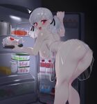  1girl ^^^ absurdres artist_name ass ass_focus bent_over blush braid breasts cake eonsang fingernails food girls&#039;_frontline hand_up highres holding holding_food indoors large_breasts looking_back medium_hair open_mouth panties red_eyes refrigerator see-through sideboob solo spas-12_(girls&#039;_frontline) sweatdrop teeth thighs tongue twintails underwear upper_teeth_only white_hair white_panties 