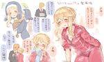  1girl 7010 ^_^ blonde_hair blush braid carrying clarice_(idolmaster) closed_eyes commentary_request crown_braid formal gym_uniform habit idolmaster idolmaster_cinderella_girls long_hair nun open_mouth p-head_producer producer_(idolmaster) suit sweat towel track_suit translation_request 