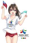  2017_taipei_universiade :d black_hair chinese_taipei_olympic_flag clothes_writing flag glasses gym_shorts highres jakelian long_hair midriff_peek open_mouth original ponytail purple_eyes republic_of_china_flag shirt short_shorts shorts simple_background smile solo t-shirt taiwan 