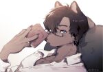  1boy ahoge animal_ears bishounen blue_eyes body_fur book brown_fur brown_hair claws collared_shirt dog_boy dog_ears furry furry_male glasses hand_up highres holding holding_book looking_at_viewer lying male_focus mokotalow11 on_back original parted_lips pillow semi-rimless_eyewear shirt short_hair simple_background solo upper_body white_background white_shirt 