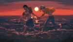  2022 2boys :d arm_tattoo barefoot black_hair blush chest_tattoo commentary_request dated demorzel denim dusk earrings facial_hair fur_hat goatee hand_tattoo hat highres holding_hands jeans jewelry looking_at_another looking_back male_focus monkey_d._luffy multiple_boys ocean one_piece outdoors pants scar scar_on_cheek scar_on_face shirt short_hair short_sleeves smile straw_hat sun sweatdrop tattoo teeth trafalgar_law twitter_username walking walking_on_liquid water yaoi yellow_eyes yellow_shirt 