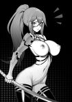  1girl artist_name brassica breasts collarbone commission greyscale highres holding holding_sword holding_weapon katana large_breasts long_hair mechanical_arms monochrome navel nipples o-ring original parted_lips ponytail single_mechanical_arm solo sword thighhighs weapon 
