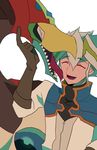  dragon duel_monster eyes_closed grey_hair multicolored_hair odd-eyes_dragon smile spiky_hair teeth two-tone_hair yu-gi-oh! yuu-gi-ou_arc-v zarc_(yuu-gi-ou_arc-v) 