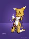  balls cub cum digimon eyes_closed male masturbation merenhor orgasm penis purple_background renamon simple_background solo young 