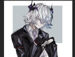  1boy arknights black_gloves black_jacket blue_hair border braid closed_mouth collared_shirt dragon_boy dragon_horns earrings fingerless_gloves gloves grey_background hair_between_eyes highres horns infection_monitor_(arknights) jacket jewelry lapels long_hair looking_at_viewer male_focus multicolored_hair necktie notched_lapels ojsn_00 outside_border own_hands_together purple_eyes purple_necktie puzzle_(arknights) shirt simple_background single_braid sketch sleeve_garter smile solo streaked_hair striped_necktie suit_jacket upper_body white_border white_hair white_shirt 