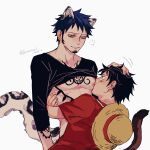  2boys animal_ears arm_tattoo black_shirt blush chest_tattoo closed_mouth commentary_request demorzel earrings facial_hair goatee hat highres jewelry leopard_boy leopard_ears leopard_tail light_smile looking_at_another male_focus male_lactation milk monkey_d._luffy monkey_tail multiple_boys one_piece red_shirt scar scar_on_cheek scar_on_face shirt short_hair straw_hat sucking_male_nipple tail tattoo trafalgar_law twitter_username white_background yaoi yellow_eyes 