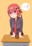  1girl ? artist_name bad_id bad_pixiv_id bat_hair_ornament black_shirt blush chestnut_mouth cross_of_saint_peter desk eyebrows_visible_through_hair fangs gabriel_dropout hair_ornament hair_ribbon hair_rings highres kurumizawa_satanichia_mcdowell leaning_forward looking_at_viewer necktie nyaroon open_mouth purple_eyes red_hair red_neckwear ribbon school_desk school_uniform shirt solo speech_bubble spoken_question_mark unbuttoned unbuttoned_shirt yellow_background 