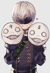  black_shirt blank_eyes blindfold blue_background blush character_request choker commentary_request emil_(nier) facial_mark forehead_mark grin hand_puppet head_tilt heart highres long_sleeves looking_at_viewer momomo_(user_xnfy4284) nier nier_(series) nier_automata parted_lips puppet shirt short_hair silver_hair smile upper_body yorha_no._9_type_s 