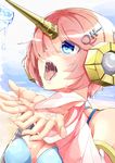  amino_dopple bad_id bad_pixiv_id bandaged_arm bandages bangs bikini blue_bikini blue_eyes blush breasts commentary_request cupping_hands detached_sleeves eyebrows_visible_through_hair fate/apocrypha fate/grand_order fate_(series) food frankenstein's_monster_(fate) frankenstein's_monster_(swimsuit_saber)_(fate) hair_over_one_eye horn medium_breasts ocean open_mouth out_of_frame pink_hair popsicle saliva sexually_suggestive short_hair solo swimsuit teeth upper_body 
