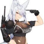  1girl animal_ear_fluff animal_ears armor black_choker black_gloves black_shirt breasts choker cleavage crop_top cuffs discordia_(vtuber) fox_ears fox_girl fox_tail gauntlets gloves gothic gun hair_over_one_eye highres holding holding_gun holding_weapon large_breasts leotard long_hair o-ring o-ring_choker panties pauldrons pentagram ponytail red_eyes revolver see-through see-through_cleavage see-through_leotard shirt shoulder_armor single_bracer single_gauntlet single_pauldron smile solo spiked_pauldrons surato tail torn_clothes torn_leotard underwear vfleet virtual_youtuber weapon white_hair 