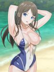  1girl anime_coloring armpits arms_behind_head beach blue_eyes blurry blurry_background breasts brown_hair cleavage covered_nipples cowboy_shot large_breasts long_hair monteriakitto ocean one-piece_swimsuit original outdoors parted_lips plunging_neckline presenting_armpit shore sideboob sidelocks solo swimsuit 