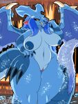 2024 3:4 absurd_res anthro areola big_breasts black_sclera blue_body blue_fur blue_hair blue_wings bodily_fluids bootleggz breasts capcom cave cavern cel_shading claws crystal detailed_background digital_media_(artwork) dragon dripping dripping_pussy dust elder_dragon eyelashes female finger_to_mouth fur genital_fluids genitals glistening glistening_body hair hi_res horn inverted_nipples lava looking_at_viewer lunastra mature_anthro mature_female membrane_(anatomy) membranous_wings monster monster_hunter nipples nude open_mouth outside pinup plump_labia portrait pose puffy_nipples pussy scales scalie shaded signature solo solo_focus stalactite stalagmite tail teeth thick_thighs vaginal_fluids wings yellow_eyes