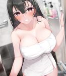  1girl bathroom black_hair blush breasts brown_eyes cleavage collarbone commentary_request fed_(giba) grin highres indoors large_breasts long_hair looking_at_viewer naked_towel original smile soap_bottle solo standing teeth towel 