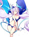  absurdly_long_hair bikini blue_bikini blue_eyes blue_nails blue_wings breasts cleavage collarbone elsword eungking_(tog2029) eyebrows_visible_through_hair floating_hair hair_ornament leg_up long_hair looking_at_viewer luciela_r._sourcream medium_breasts nail_polish navel noblesse_(elsword) pointy_ears side-tie_bikini silver_hair smile solo strapless strapless_bikini swimsuit twintails very_long_hair wings 