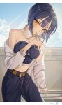  1girl absurdres bare_shoulders belt blue_hair blue_pants blue_shirt blue_sky border breasts brown_belt character_name cloud crop_top cup dark_blue_hair day denim denim_shirt drinking drinking_straw drinking_straw_in_mouth greeen_891 head_tilt headphones headphones_around_neck highres holding holding_cup jacket jeans large_breasts lens_flare lilpa long_sleeves looking_at_viewer midriff multicolored_hair navel off_shoulder open_clothes open_jacket orange_eyes outdoors pants shirt short_hair sky sleeveless sleeveless_shirt solo streaked_hair virtual_youtuber waktaverse white_border white_jacket 