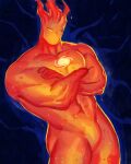  1boy absurdres bara blank_eyes bulge colored_skin cowboy_shot crossed_arms fiery_hair fire galaxy highres kurzgesagt large_pectorals looking_at_viewer male_focus monster_boy muscular muscular_male orange_skin pectorals punbun_4fun pyrokinesis solo thighs umbrakinesis universe_(kurzgesagt) 