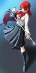  1girl absurdres boots breasts chiga_akira full_body high_heel_boots high_heels highres holding holding_sword holding_weapon kirijou_mitsuru long_hair long_skirt long_sleeves looking_at_viewer persona persona_3 rapier red_eyes red_hair ribbon skirt smile solo sword weapon 