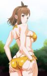  1girl anime_coloring ass atelier_(series) atelier_ryza atelier_ryza_1 back bare_arms bikini black_bow black_hairband blurry blurry_background bow bow_hairband bracelet brown_eyes brown_hair closed_mouth hairband hands_on_own_ass jewelry lifted_by_self looking_at_viewer looking_back monteriakitto outdoors reisalin_stout short_hair single_sidelock sky smile solo swimsuit thighs tree yellow_bikini 