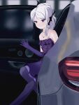  1girl absurdres blue_archive car demon_horns dress elbow_gloves geeoctz97 gloves highres hina_(dress)_(blue_archive) horns jewelry looking_at_viewer motor_vehicle multiple_horns necklace official_alternate_costume purple_dress purple_eyes purple_gloves solo waving white_hair 