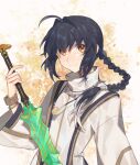 1other ahoge amulet androgynous black_hair bracelet braid braided_ponytail closed_mouth fate/grand_order fate/samurai_remnant fate_(series) gangan_arjun hair_intakes hair_over_shoulder high_collar highres holding holding_sword holding_weapon jewelry long_hair long_sleeves looking_at_viewer multicolored_hair necklace orange_eyes other_focus shirt simple_background single_braid smile solo sword two-tone_background upper_body weapon white_background white_hair white_shirt yamato_takeru_(fate) yellow_background 