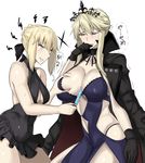 &gt;:) 2girls artoria_pendragon_(all) artoria_pendragon_(lancer_alter) artoria_pendragon_(swimsuit_rider_alter) bangs between_breasts black_coat black_dress black_gloves black_swimsuit blonde_hair blush breast_envy breast_grab breasts coat commentary_request contrapposto covered_navel covered_nipples crown dress eyebrows_visible_through_hair fate/grand_order fate_(series) food gloves grabbing grin hair_between_eyes highres holding holding_food huge_breasts jacket_on_shoulders large_breasts long_hair multiple_girls navel_cutout one-piece_swimsuit one_eye_closed parted_lips popsicle saber_alter sidelocks simple_background smile speech_bubble standing sweatdrop swimsuit takara_joney trembling v-shaped_eyebrows white_background yellow_eyes yuri 