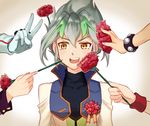  blush cuffs gloves gold_eyes holding multicolored_hair open_mouth spiky_hair yu-gi-oh! yuu-gi-ou_arc-v zarc_(yuu-gi-ou_arc-v) 