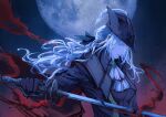  ascot black_gloves blood bloodborne bonnet coat gem gloves hat hat_feather highres holding holding_sword holding_weapon huanyan420112 lady_maria_of_the_astral_clocktower moon pale_skin rakuyo_(bloodborne) solo sword tricorne weapon white_ascot white_hair 