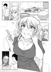  1girl alternate_costume apron blush bowl breasts burn_scar casual chopsticks cleavage commentary cup eating english_commentary food foodgasm greyscale heart heart-shaped_pupils highres holding holding_chopsticks kantai_collection kashima_(kantai_collection) large_breasts monochrome mug rice_bowl robba-san_(wangphing) scar symbol-shaped_pupils tears twintails wangphing 