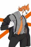  1boy black_pants commentary_request cowboy_shot grey_shirt highres looking_at_viewer male_focus necktie niwatori_bosori one_piece orange_background orange_hair orange_necktie pants profile scar scar_on_chin scar_on_face shirt sideburns simple_background solo taiyonohigaci white_background x_drake 