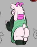 2024 anthro aroused big_butt blush blush_lines bovid butt caprine clothing deltarune eyewear fembunns glasses goat legwear looking_at_viewer looking_back low_res male mammal presenting presenting_hindquarters ralsei rear_view robe scarf simple_background simple_eyes solo tail thick_thighs thigh_highs undertale_(series)