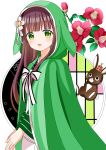  1girl :d absurdres ama_usa_an_uniform animal animal_ears animal_hood anko_(gochiusa) apron brown_hair cloak crescent crown fake_animal_ears flower gochuumon_wa_usagi_desu_ka? green_cloak green_eyes green_kimono hair_flower hair_ornament highres hood hood_up hooded_cloak japanese_clothes kimono long_hair long_sleeves looking_at_viewer maid_apron mini_crown rabbit rabbit_ears rabbit_hood red_flower ryoutan simple_background smile striped_clothes striped_kimono ujimatsu_chiya uniform vertical-striped_clothes vertical-striped_kimono very_long_hair waitress white_apron white_background white_flower wide_sleeves 