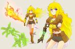  ahoge arm_cannon blonde_hair breasts cleavage commentary_request ember_celica_(rwby) flamethrower iesupa medium_breasts navel orange_eyes prosthesis prosthetic_arm purple_eyes rwby shorts weapon yang_xiao_long 