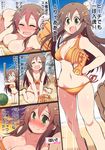  1girl :d arm_up asahi_breweries bangs baseball baseball_bat baseball_mitt beach beer_can bikini bikini_pull blush breasts brown_hair can celebi_ryousangata cleavage collarbone comic day flip-flops food fruit green_eyes hair_ornament hairclip hairpin hand_on_hip himekawa_yuki idolmaster idolmaster_cinderella_girls large_breasts long_hair navel nose_blush open_mouth orange_bikini outdoors pov pov_hands sand sandals side-tie_bikini sitting smile standing suikawari sweat swimsuit tears tiptoes top-down_bottom-up translation_request v-shaped_eyebrows v_arms wariza watermelon 