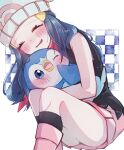  1girl black_dress blue_hair blush closed_eyes dawn_(pokemon) dress hair_ornament hairclip hat highres holding holding_pokemon hug nirugiri_(nirgy) open_mouth pink_skirt piplup pokemon pokemon_(creature) pokemon_dppt skirt skirt_under_dress sleeveless sleeveless_dress twitter_username white_headwear 