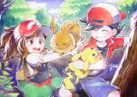  1boy 1girl ;3 backpack backwards_hat bag baseball_cap blue_shorts brown_eyes chase_(pokemon) climbing_tree eevee elaine_(pokemon) green_skirt grin hat holding holding_pokemon kipam looking_at_another one_eye_closed open_mouth outdoors pikachu pokemon pokemon_(creature) pokemon_lgpe shorts skirt smile tree 