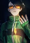  1boy blue_eyes blue_hair film_grain fingerless_gloves fire gloves green_gloves green_jacket hand_up jacket long_sleeves looking_at_viewer male_focus matches orange-tinted_eyewear parted_lips persona persona_3 shirato_jin short_hair solo sunglasses sunorsa tinted_eyewear upper_body 
