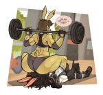 anthro back_muscles barbell big_butt bra brown_hair butt clothed clothing dialogue dominant dominant_female duo ear_piercing ear_ring exercise facesitting female fingerless_gloves footwear freckles fur gesture gloves gym hair handwear hi_res huge_butt lagomorph leporid long_ears male male/female mammal muscular muscular_anthro muscular_female piercing ponehanon rabbit rear_view ring_piercing shoes sitting_on_another sneakers socks speech_bubble sports_bra squats thumbs_up underwear weightlifting weights workout yellow_body yellow_fur