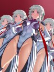  5girls absurdres armpit_cutout ass_visible_through_thighs black_bodysuit blush bodysuit braided_hair_rings breasts cameltoe closed_mouth clothing_cutout covered_navel earrings empty_eyes fate/grand_order fate/samurai_remnant fate_(series) green_eyes guriguri_(arayotto4351) hair_ribbon half-closed_eyes hands_on_own_hips highres jewelry long_hair looking_at_viewer medium_breasts multiple_girls multiple_persona open_mouth ponytail ribbon sidelocks thigh_cutout thighs two-tone_bodysuit variant_set white_bodysuit white_hair yui_shousetsu_(fate) yui_shousetsu_(first_ascension)_(fate) 