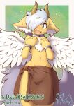 acky05 angelic anthro blush bottomwear chest_tuft clothed clothing collar cuff_(restraint) embarrassed feathery_wings grey_hair grey_tail hair hair_over_eye hand_on_chest hands_to_chest hi_res iron_collar iron_cuffs kobold loincloth loincloth_only looking_away male metal_collar metal_cuffs one_eye_obstructed open_mouth restraints silver_hair silver_tail solo tail topless tuft yayuri
